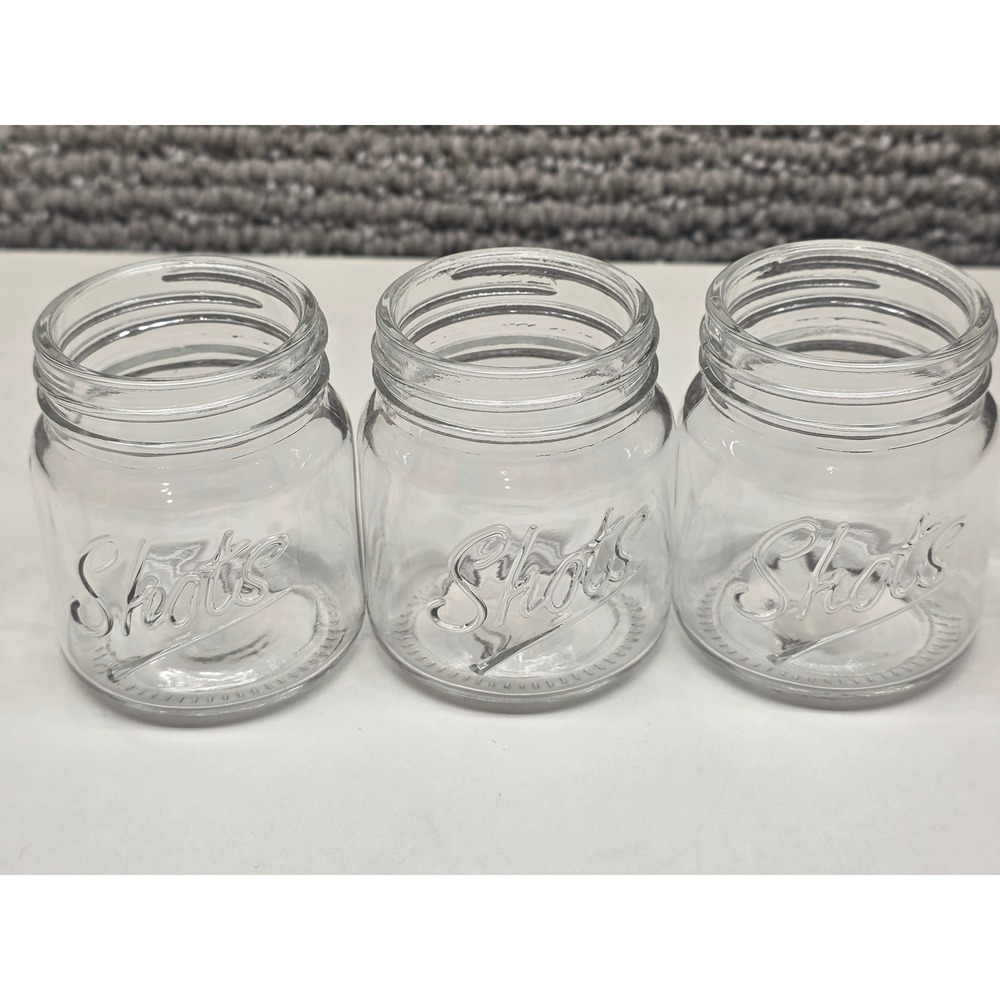 Set of 3 Mini Mason Jar Shot Glasses Clear Glass Embossed Shots Script 2oz